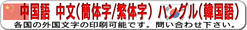 中国語 中文(簡体字/繁体字) ハングル(韓国語)　各国の外国語文字の印刷可能です。問い合わせください。